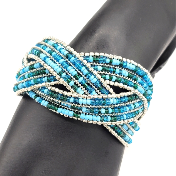 Wire Wrap Blue Seed Bead Woven Braided Wide Cuff Bracelet Vintage - Picture 8 of 8